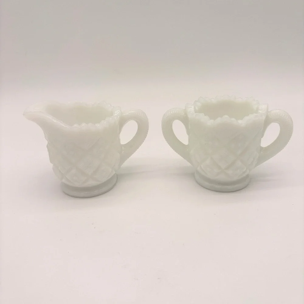 Vintage Milk Glass Creamer Sugar Bowl Set Diamond Point Starburst Farmhouse